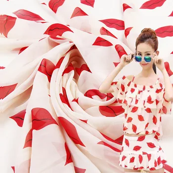 

Wide 150cm*1Meter 1pcs Polyester Chiffon Fabric Lips Printed For DIY Silk Dress Skirt Needlework Scarf Silky Soft Fabric Chiffon