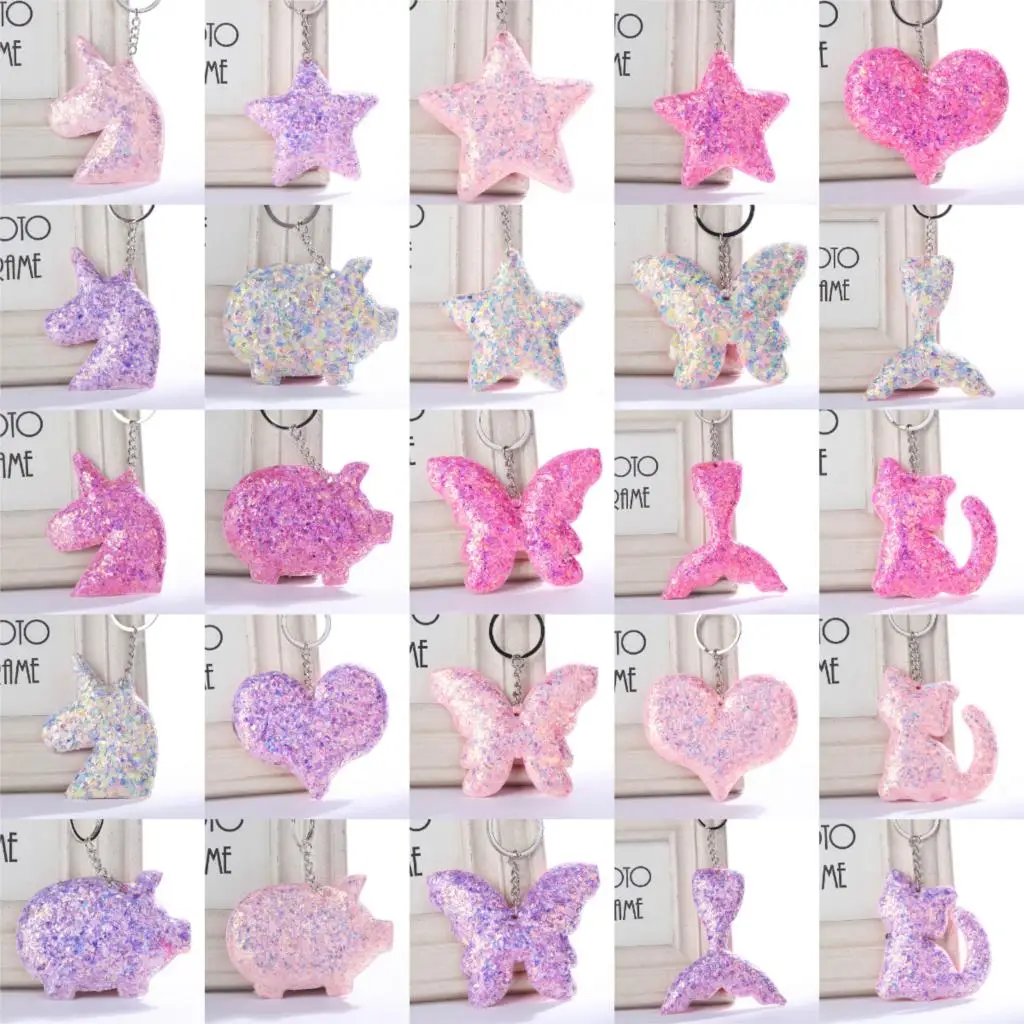 

Cat Star Butterfly Pig Heart Mermaids Unicorn Keychain Sequins Keyring Pendants For Women Bags Car Key Phone Accessories Gifts