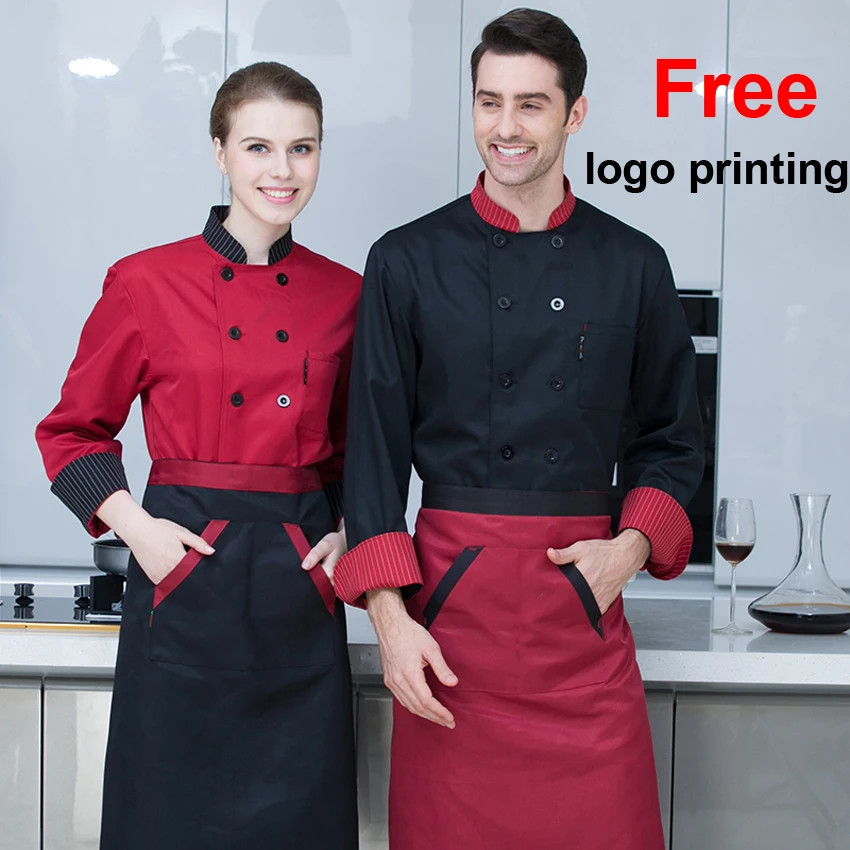 

Free Logo Printing Black White Red Color Solid Chef Coat Jacket Full Sleeve Breathable Bakery Waiter Restaurant Uniform