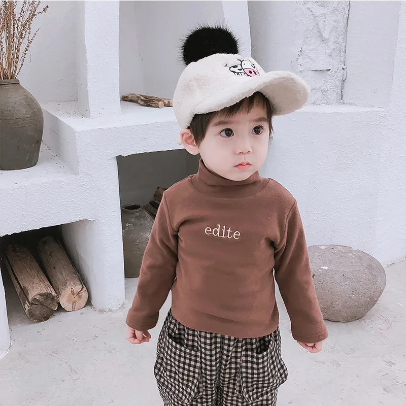 

Autumn Winter baby boys girls letters embroidery half-collar thicken T shirts kids children cotton emerizing backing shirts