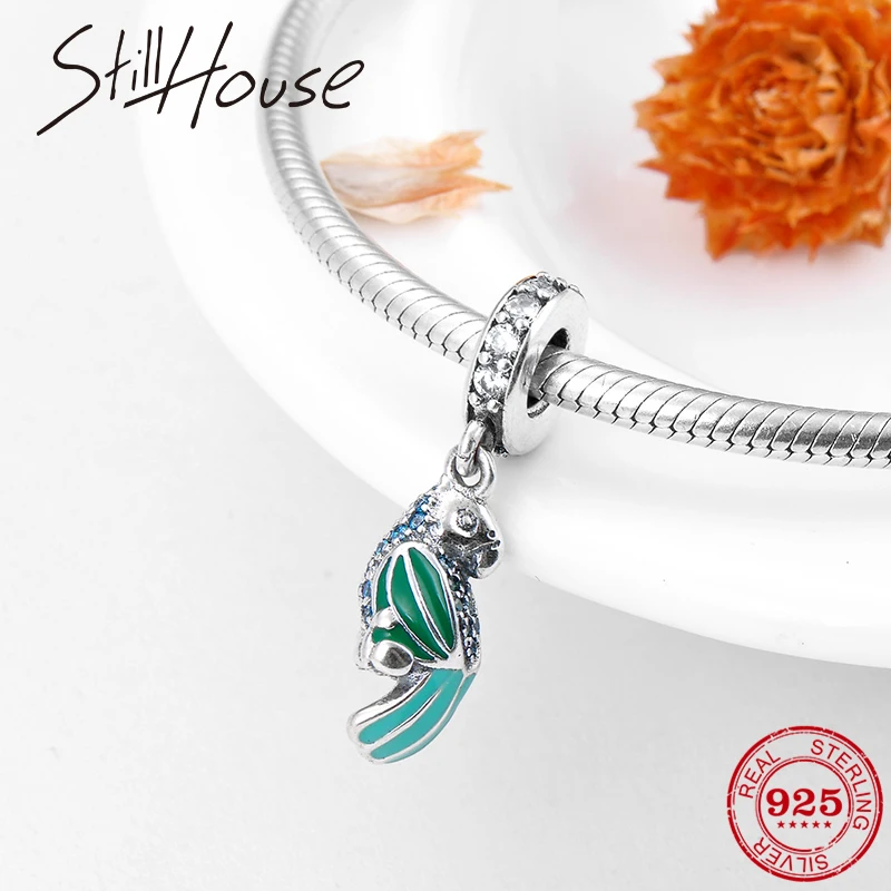 

Real 925 Silver Spiritual Little parrot Green Enamel Charms for Jewelry Making Fit Original Charm Pandora Necklaces Bracelet