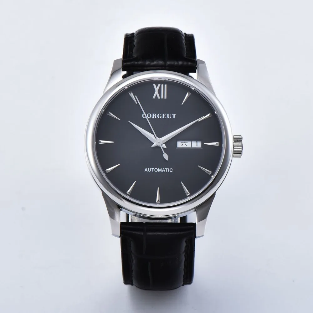 Tanie Corgeut męskie zegarki Top marka luksusowe automatyczne data tydzień mężczyźni dorywczo mody męskiej zegar prawdziwy skórzany mechaniczny zegarek na rękę