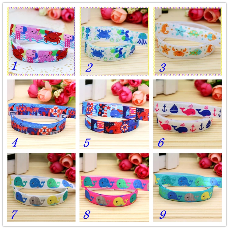 

5/8'' Free shipping Fold Elastic FOE navy sea animals whale printed headband headwear hairband diy decoration wholesale OEM D70