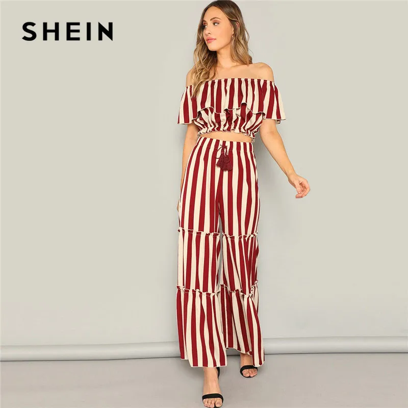 

SHEIN Ladies Elegant Ruffle Detail Striped Bardot Crop Top And Tired Pants Two Piece Set Women Spring Highstreet Matching Sets