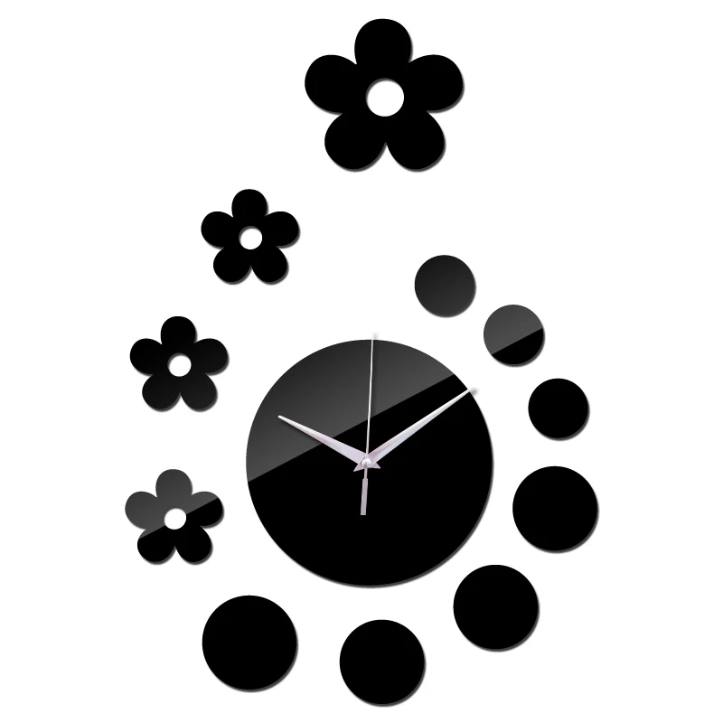 Дизайн зеркальные акриловые наклейки на стену с рисунком цветов украшения настенные часы diy кварцевые настенные часы для подарков настенные часы - Цвет: Black
