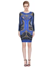 Party kleider Neue Stil Top Qulaity Blau Langarm O neck friesen weben print bandage dress cocktail party bodycon dress B28