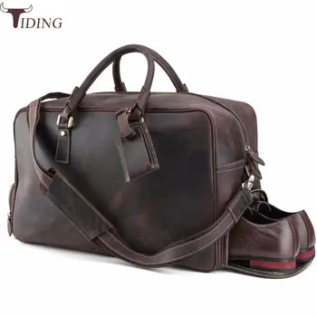 

Tiding New Luxury Cow Leather Mens Travel Duffle Large Vintage Luggage Bags Brown Solid Soft Travel Bag Shoulder Bag Tote Tiding