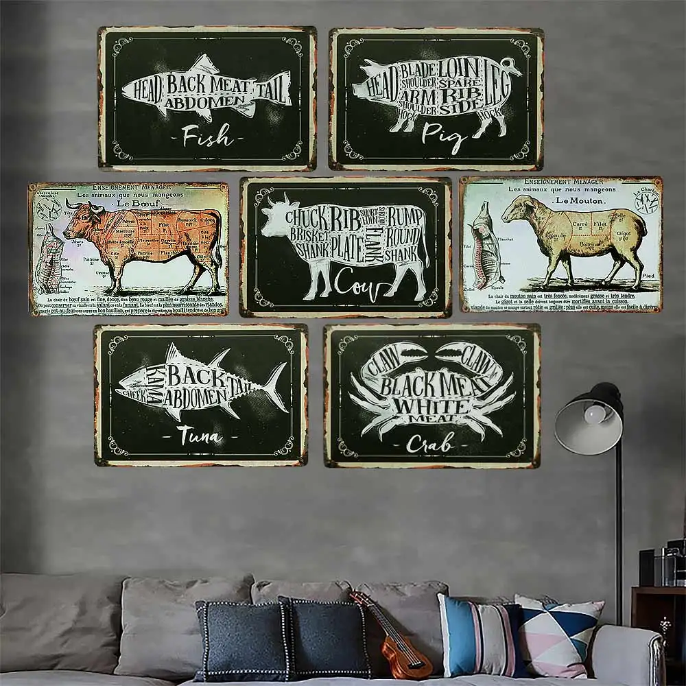 

Butcher Guide Cuts Beef Pig Fish Meat Collection Metal Tin Sign Shop Wall Decor Retro Wall Plaques Signs Metal Painting Craft