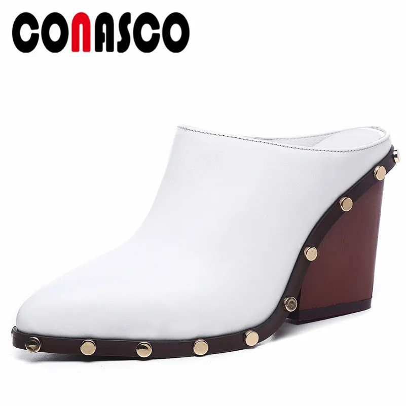 

CONASCO New Women Genuine Leather Mules Pumps High Heeled Rivets Party Shoes Woman Rome Comfort Casual Summer Shoes Slippers