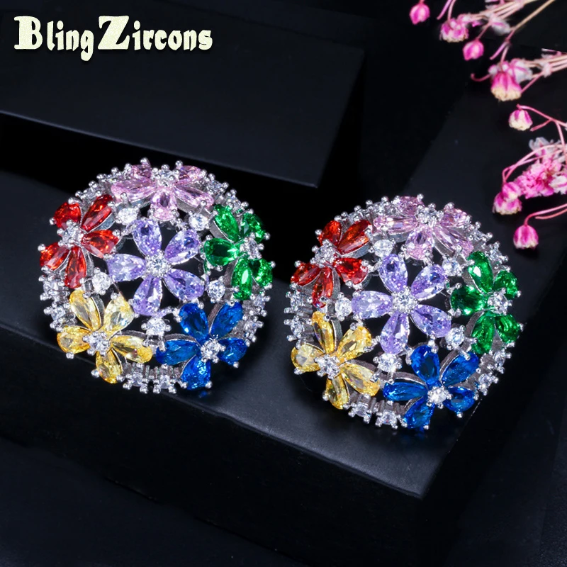 

BeaQueen Colorful CZ Hollow Out Big Round Stud Earrings Multicolor Cubic Zircon Flower Genuine Silver 925 Women Jewelry E135