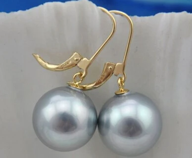 

hj 00506 14mm round Gray shell pearl dangle earring 14k-20 hook