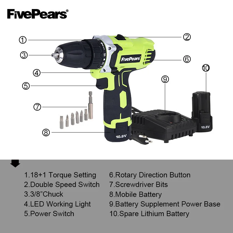 Fivepears 10.8-Volt DC Lithium-Ion Battery 10mm 2-Speed Electric Cordless Drill Mini Screwdriver Wireless Power Driver