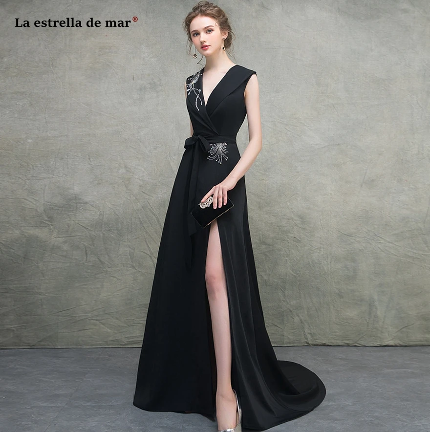 

Abiye gece elbisesi2019 new chiffon sexy V neck high slit A Line black evening gown trailing abiti da cerimonia da sera high qua