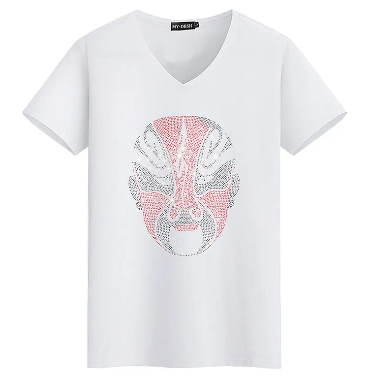 Big size 5XL Mask Unique Man Shinning Diamond Stone T-shirt Short Sleeve high quality Peking Opera Rhinestone Print men t shirts