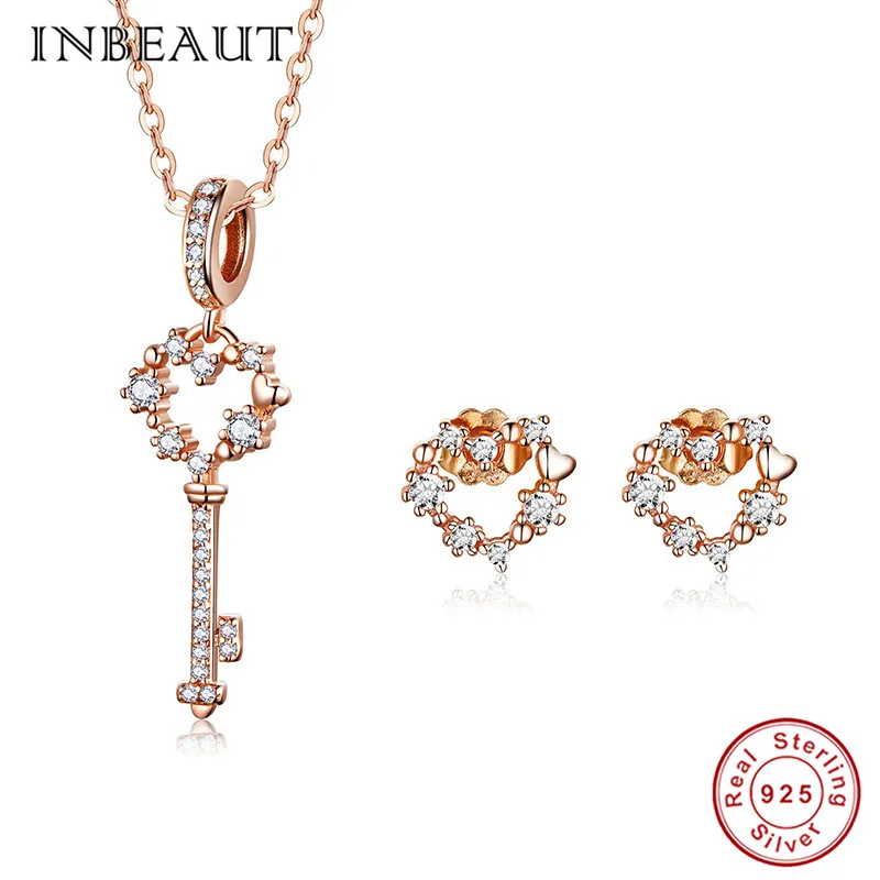 

INBEAUT Cute Romantic Rose Gold Flower Key Jewelry Sets 925 Sterling Silver White CZ Key-shaped Pendant Necklace&Stud Earrrings