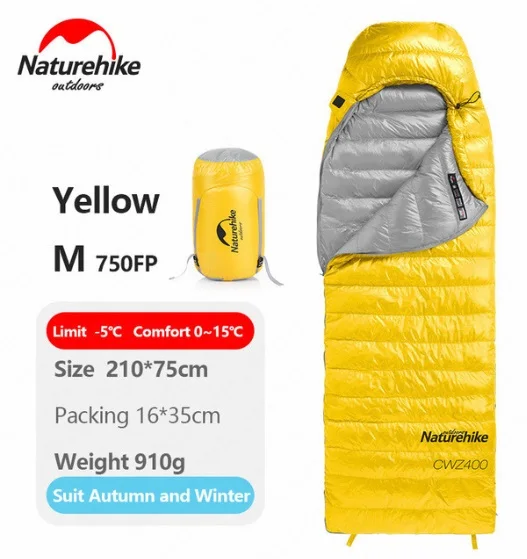 Naturehike CW400 квадратный спальный мешок с гусиным пухом, ультра-светильник для кемпинга, походов, зимний утепленный спальный мешок s - Цвет: Yellow M 750FP