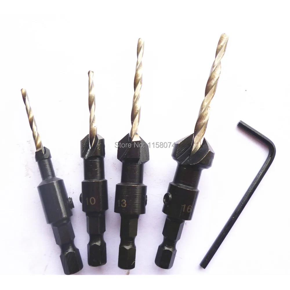 5pcs Woodworkers Countersink Drill Bit Set W/ Quick Change 1/4 Hex Shaft Tapered Wood Drill Countersinks Size #6 #10 #13 #16 
