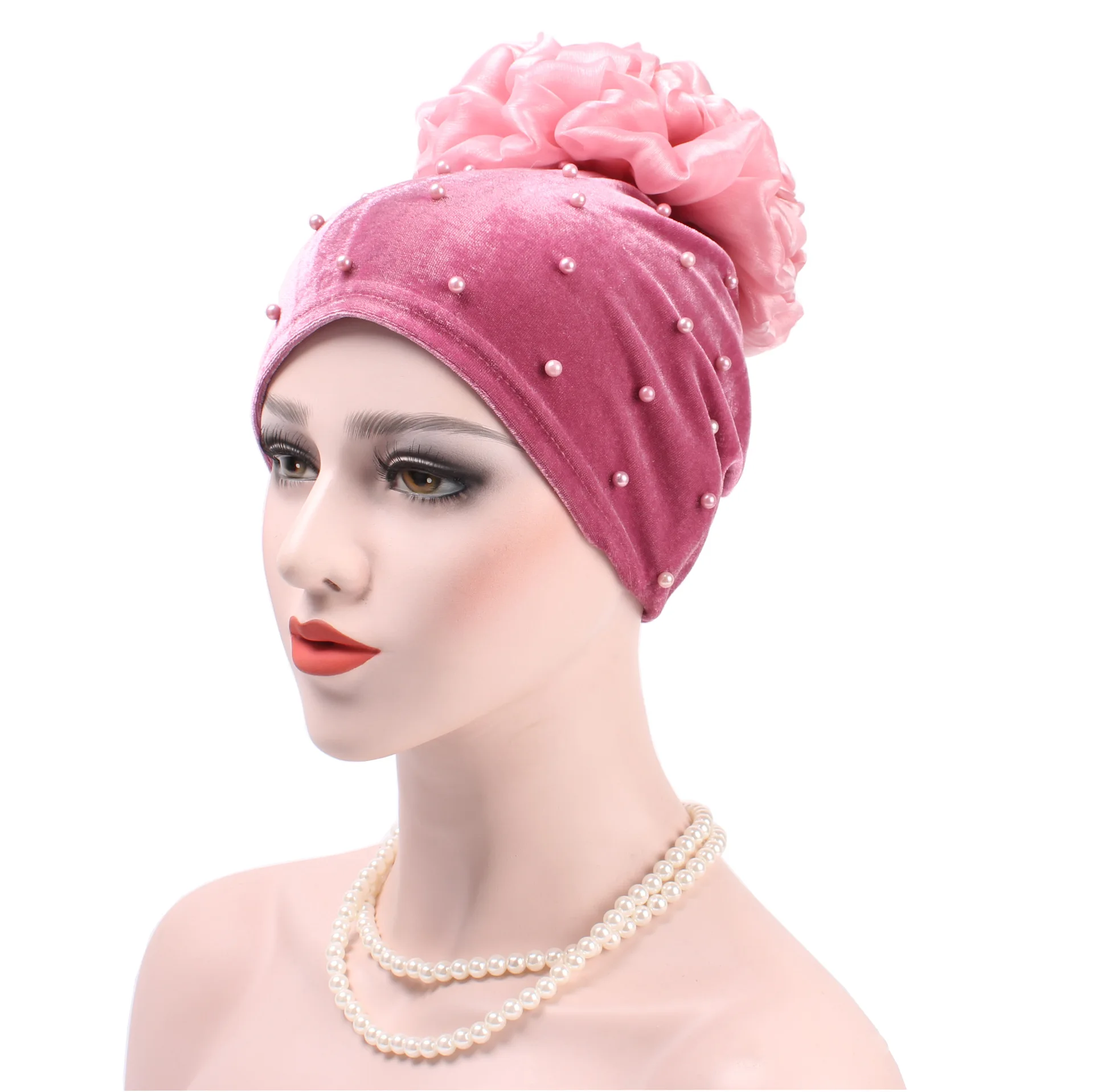 Новое мусульманское платье женская шляпа Baotou чистый цвет хлопковый вельветовый гвоздь жемчужная шляпа с цветами после капюшона шапка-Тюрбан Хиджаб - Цвет: 7