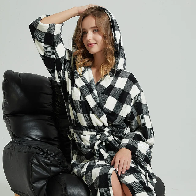 Plaid Flannel Robe Unisex Black/White Plaid Hooded Flannel Bathrobe