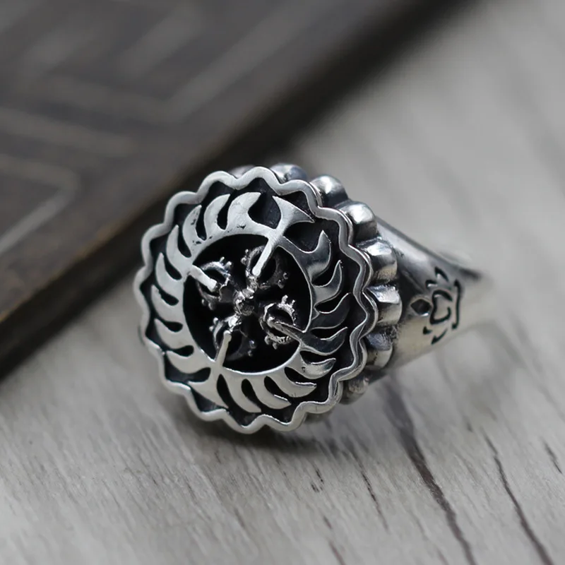 

Real Pure 925 Sterling Silver Buddha Rings For Men With Rotatable Vajry Pestle Retro Antique Style Opening Type Fine Jewelry