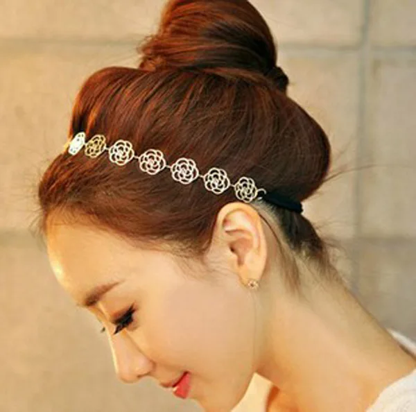 

hairband flower bridal Metallic cute hairband Lovely Sweet Lady Hollow Rose Flower Elastic Hair Band Headband Gold Z328