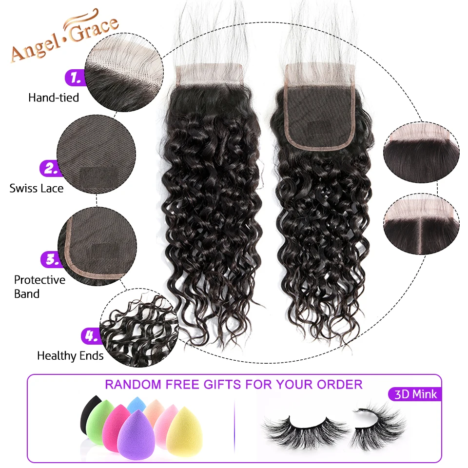 AngelGrace Hair Water Wave Bundles With Closure Remy Human Hair 3 Bundles With Closure Brazilian Hair Weave Bundles With Closure