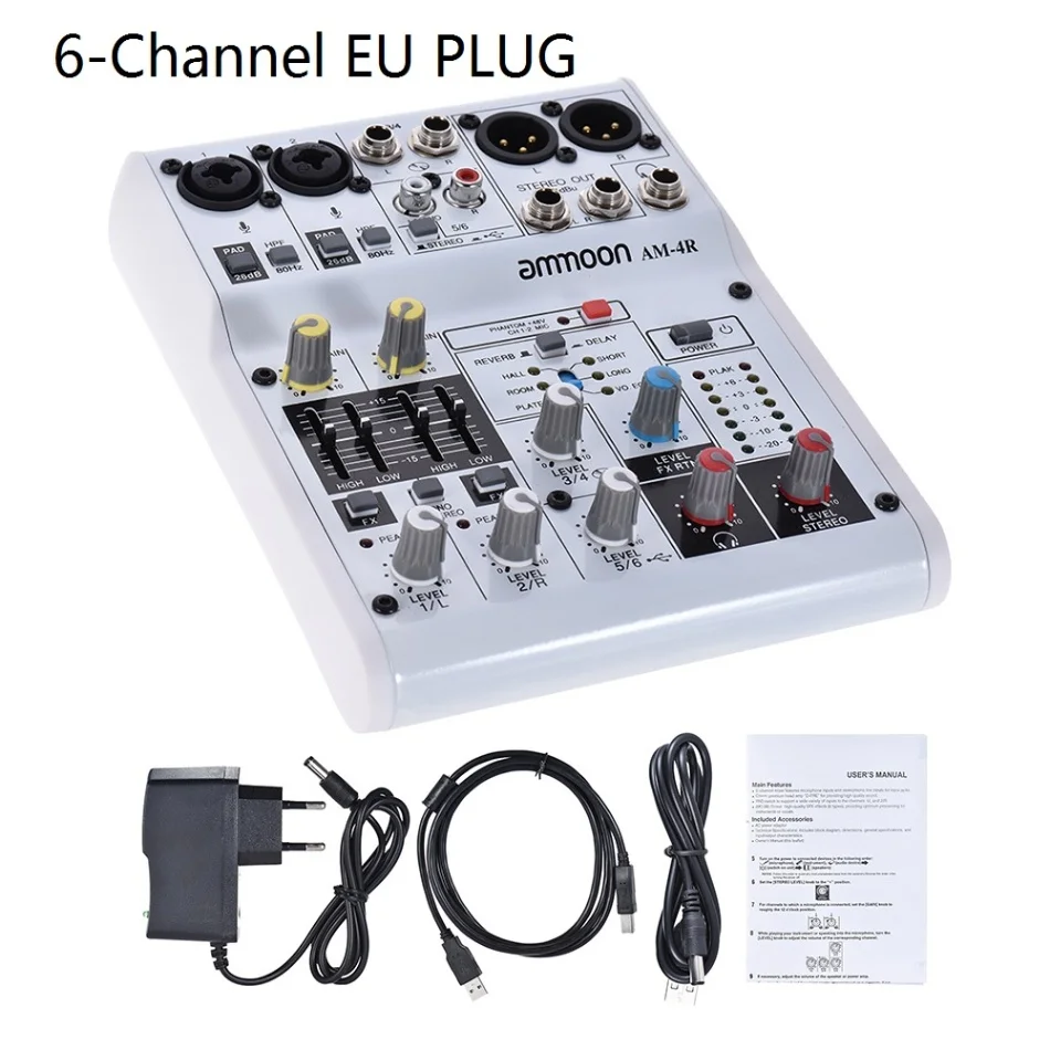 6Channel EU PLUG Ammoon 6-ти канальный аудио цифровой микшерный пульт встроенный 48V Phantom Мощность ed 5V Мощность банка с адаптером USB кабели - Цвет: 6Channel EU PLUG