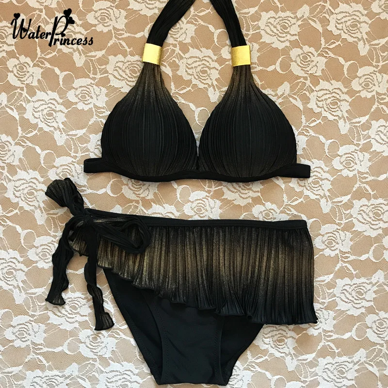 

Black Short skirt bikini Set Two-Piece Suits Push Up Swimwear Ruffled Fold Edge Swimsuit 2019 women Femme Sexy Biquini Beachwear