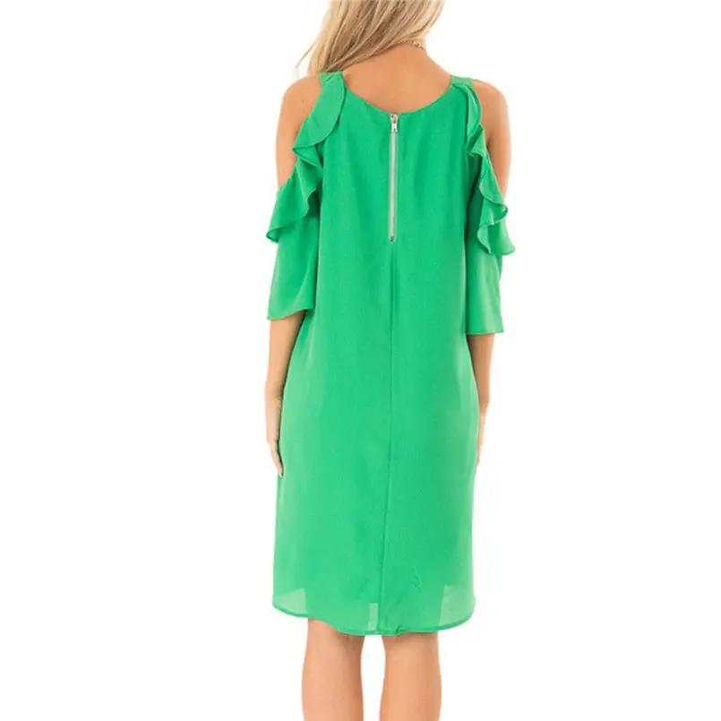 New Women Summer Ladies Strapless Shoulder Ruffle Sleeve Pure Color Summer Dress Elegant Mini Fashion Casual Vestidos #4A30 (13)