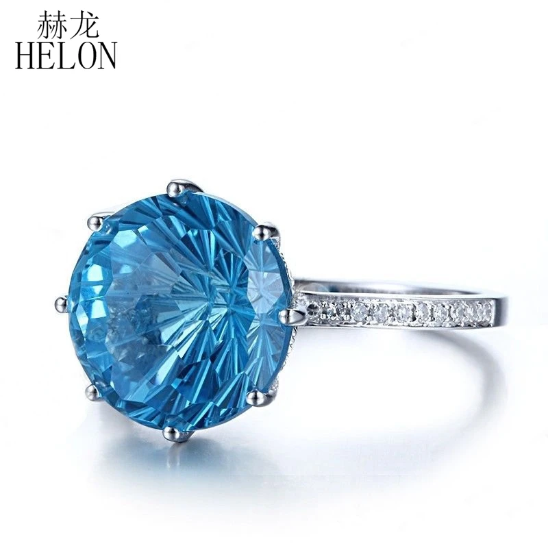 HELON Solid 10 K белое золото 10 мм круглый разрез 7.78ct голубой топаз обручальное свадебное натуральное бриллиантовое тонкое кольцо женские ювелирные изделия