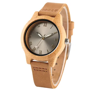 

Modern Roman Numerals Design Female Quartz-watch Natural Bamboo Wristwatch with Genuine Leather Watchband Light Elegant Watches