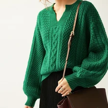 New Arrival  High Street Flat Knitted V-neck Full Regular Pullovers Lantern Sleeve None Solid NoneSweater Sweater Woman Boho