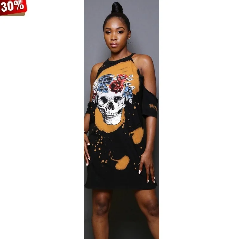 

Midi Shirt Dress Short Skull Print Streetwear Cold Shoulder Tshirt Dress Women Night Club Sexy Party Dress Vestidos