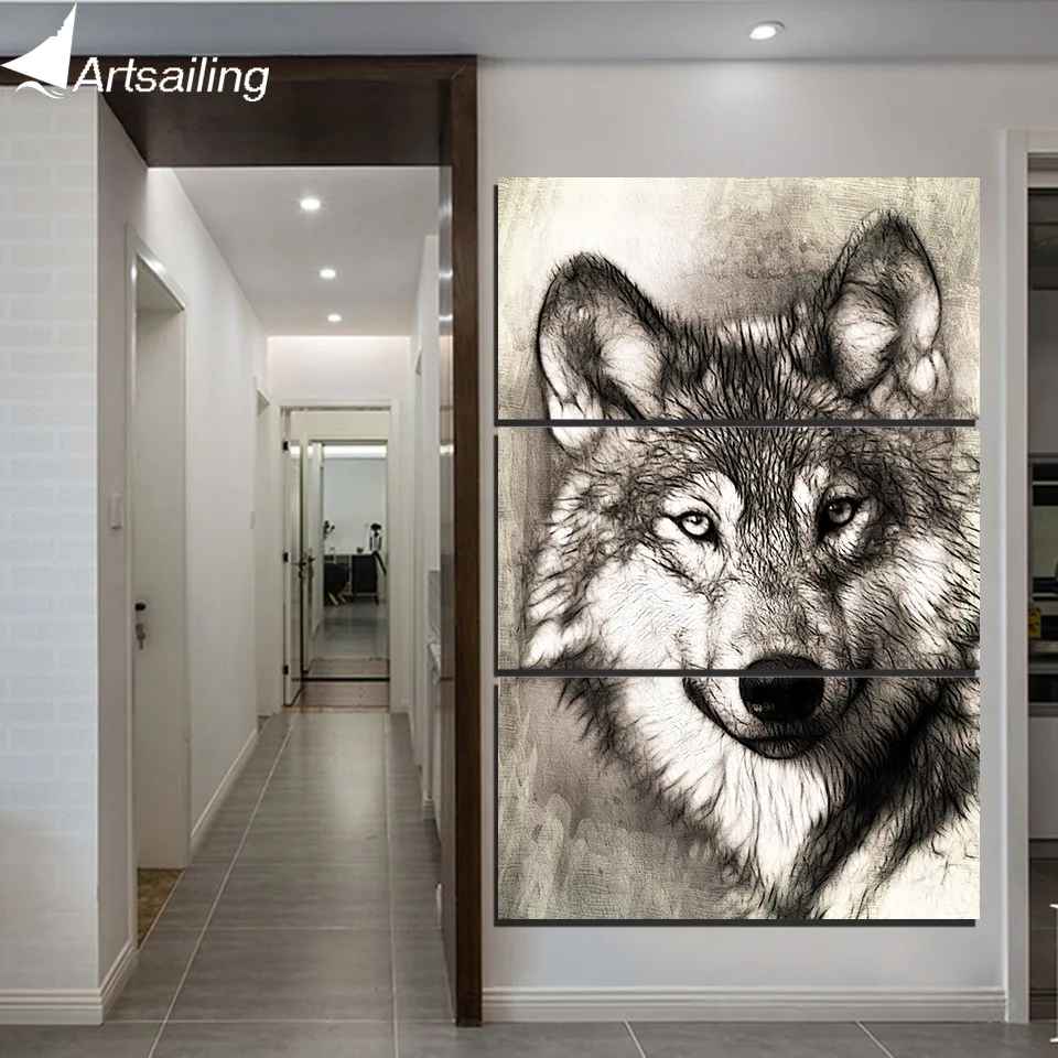 Artsailing 3 Piece HD printed Canvas Art Abstract Black and White Wolf