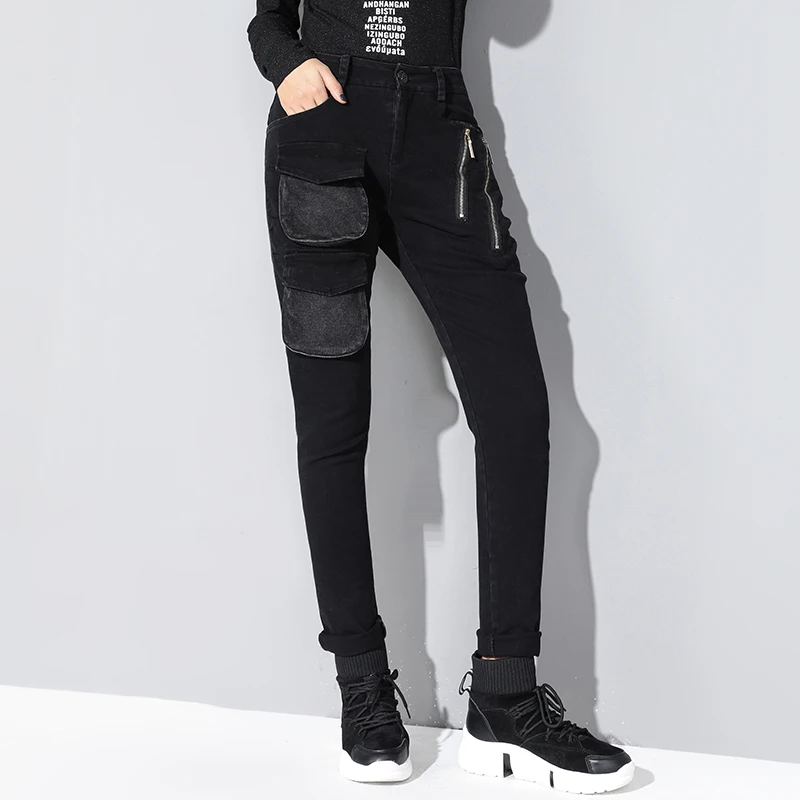 

Jeans For Women Black Fashion Zippers Jeans High Quality Pockets Jeans Woman Stretch Jeans Female Washed Denim Harem Pants WJ87