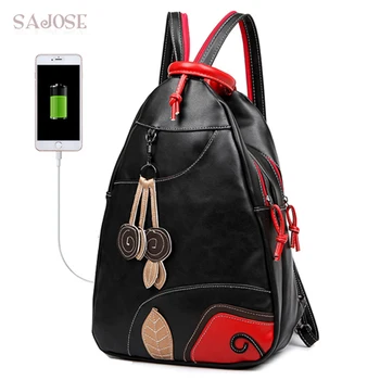 

SAJOSE NEW Fashion Leaves Student Style Women's Shoulder Bag Multifunction USB Girls Leather Backpack School Bag Women Backpacks