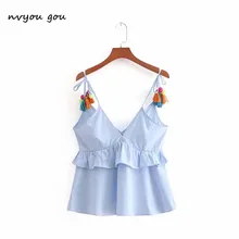 Nvyou gou женский синий Кружевной укороченный топ с рюшами винтажный милый топ на бретельках с кисточками без рукавов с глубоким v-образным вырезом