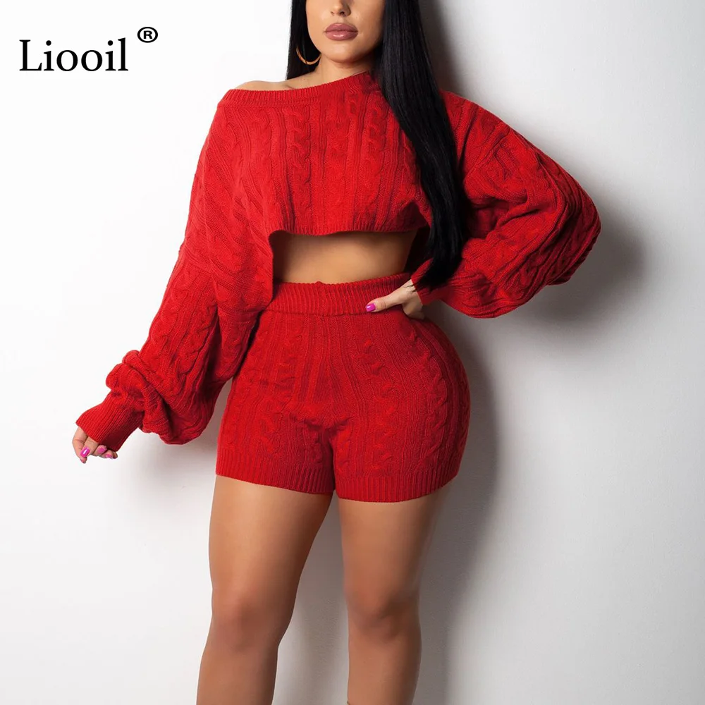 

Liooil Red 2 Piece Knit Sweater Set Women Sexy Club Outfits 2019 Top And Bodycon Shorts High Waist Long Sleeve Matching Sets
