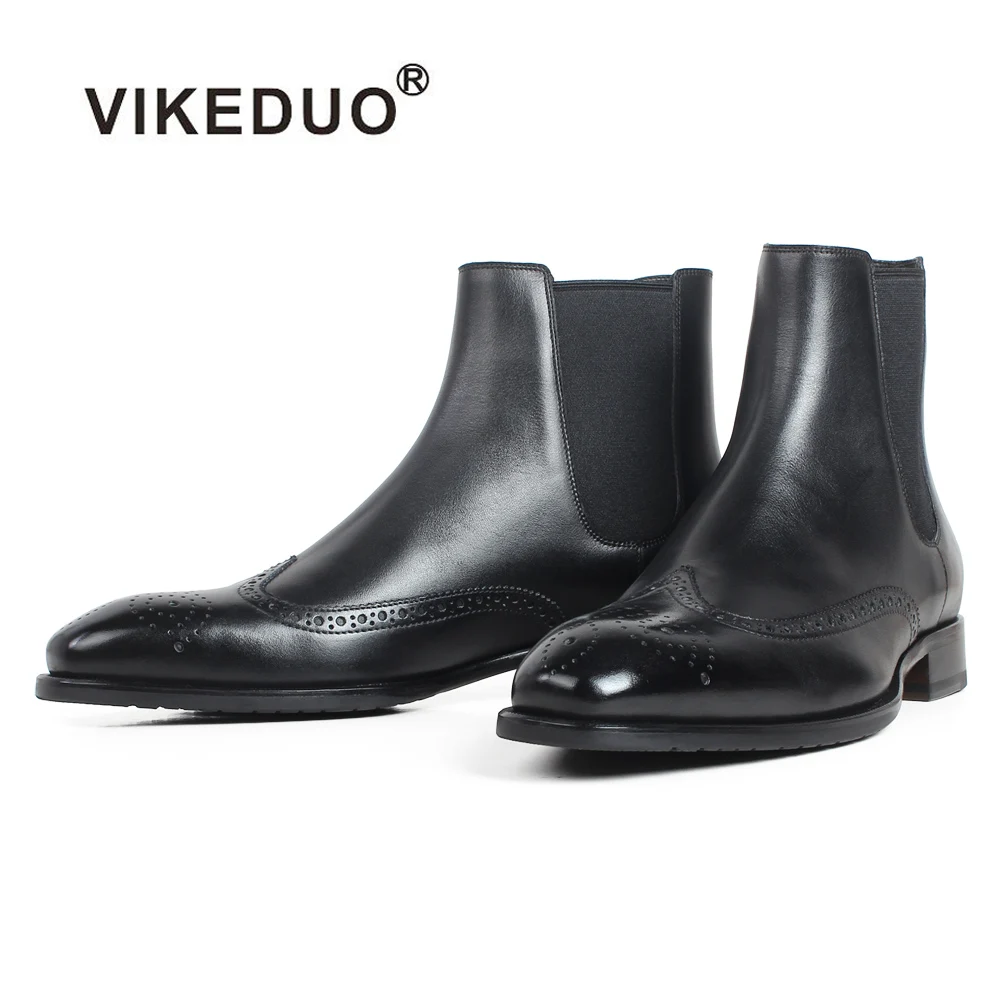 

VIKEDUO Black Full Brogue Flat Ankle Boots For Men Patina Custom Made Genuine Cow Skin Men's Chelsea Boots Winter Leather Botas