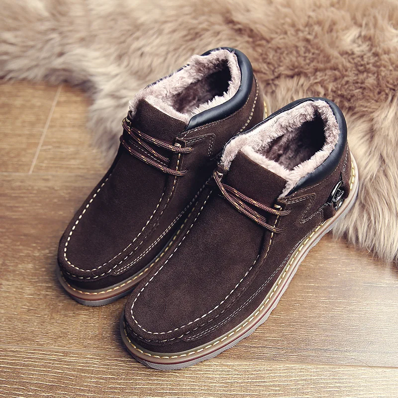 

2018 new Genuine Leather Shoes Men with Fur for Winter Tooling Shoes Fleeces Warm Snow Boots Ankle Antiskid Solid Retro Lace-up