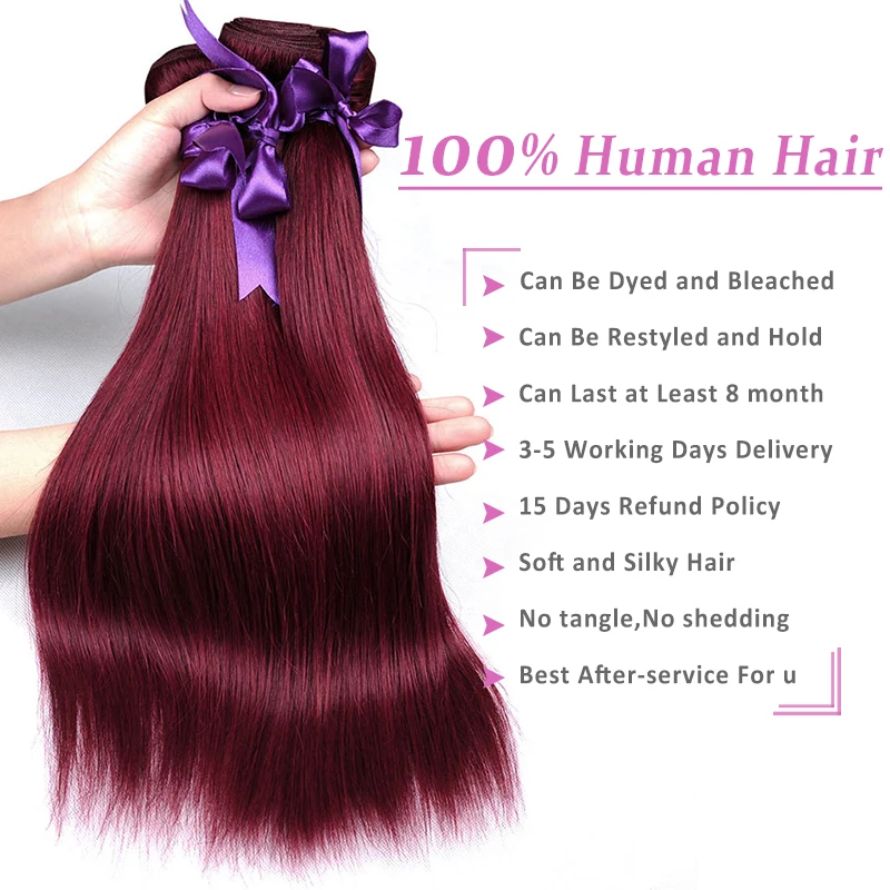 Pinshair перуанские пучки волос с закрытием дерзкий Красный 99J прямые волосы 3 пучка с закрытием бордовые, человеческие волосы, не Реми
