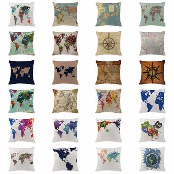 

2019 Hot Sale Pillow Cushion Case Scandinavian World Map Throw Pillows Farmhouse Large 18 Cotton Linen House Decor Pillow Case