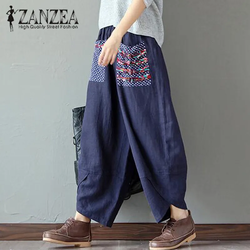 ZANZEA Autumn Retro Print Pockets Women Elastic Waist Loose Long Trousers Linen Harem Pants Cotton Casual Splice Pantalon ZANZEA Autumn Retro Print Pockets Women Elastic Waist Loose Long Trousers Linen Harem Pants Cotton Casual Splice Pantalon