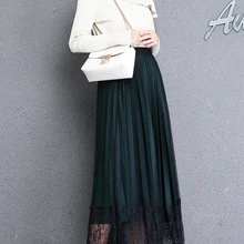 GRUIICEEN Высокая талия офисная одежда юбки женские двухсторонняя одежда кружевная плиссированная длинная юбка корейский стиль GY2018691