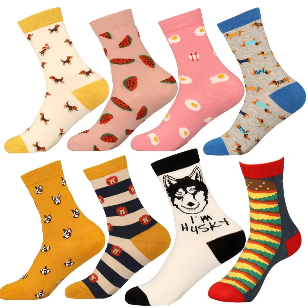 Носки женские с фруктами и животными смешные принтом льва Хаски омлета бульдога
