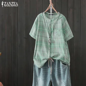 

Blusas Top 2020 ZANZEA Women Tunic Tops Summer Casual Check Plaid Blouse Vintage Short Sleeve Cotton Party Loose Shirt Female