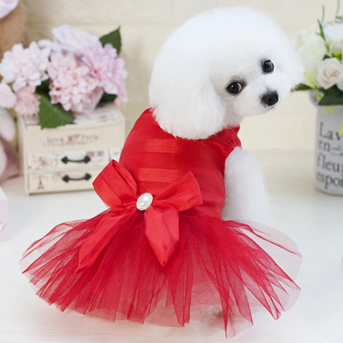 

Pet Clothes dog clothes spring and summer three-color cross-pattern yarn skirt