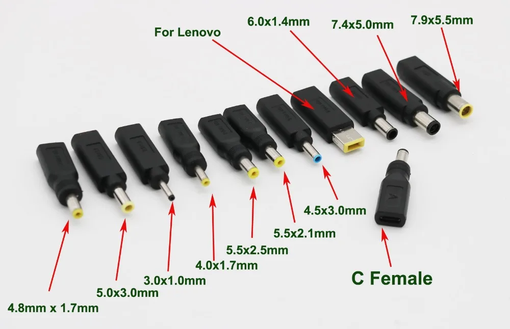 

USB 3.1 C Female to DC Power 4.0 4.8x1.7mm/5.5x2.1 2.5mm/7.4x5.0mm Male Charge Adapter Connector for Lenovo Asus HP DELL Lapto