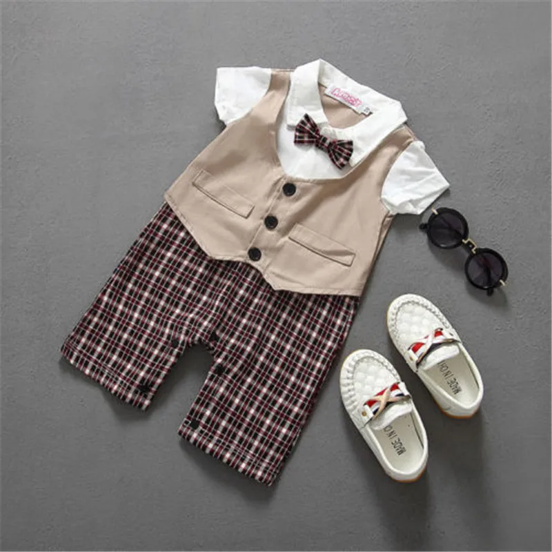 CANIS Summer Newborn Kids Baby Boy Infant Top Plaid Romper Jumpsuit Shorts Clothes Sets Outfits Formal Gentleman Wedding Suits