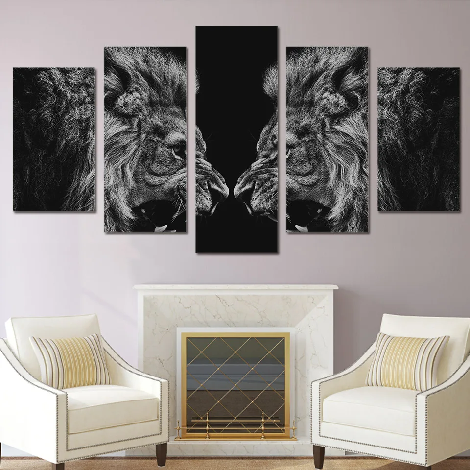 5 Pieces Canvas Prints Lion mirror Painting Wall Art Home Decor Panels